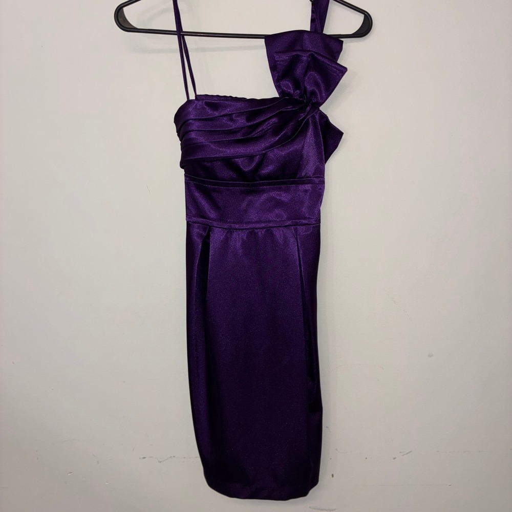 316 Y2K Mini Cocktail Dress Juniors 3 Purple One Shoulder Bow Satin Mini